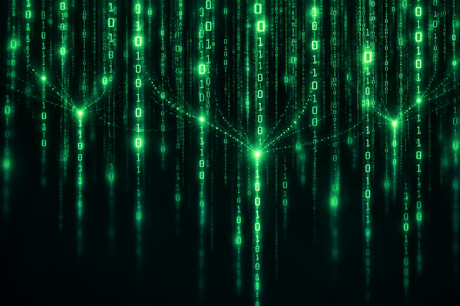 Emerald digital code falling through a connected network of lights